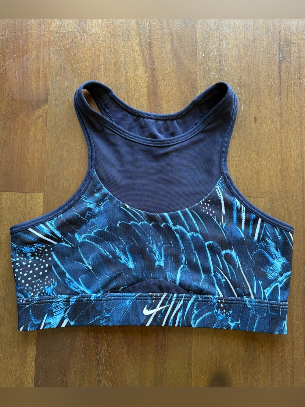 Nike Dri Fit Blue Feather Print Racerback Sports Bra | Small